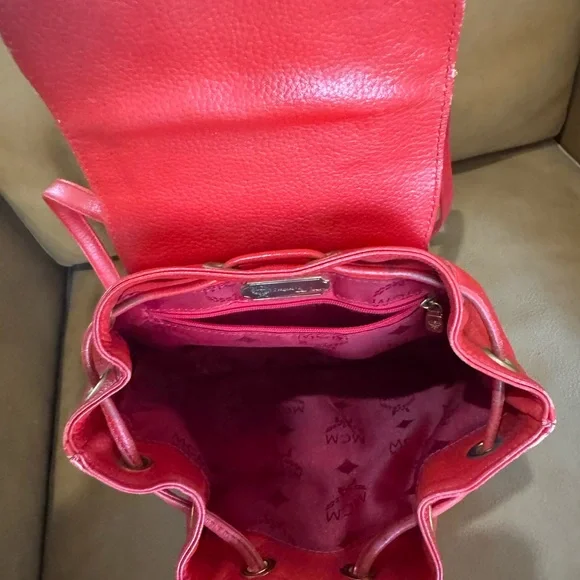 MCM Red Pebbled Leather Drawstring Backpack with Front Pocket SALE!!! - Picture 7 of 8